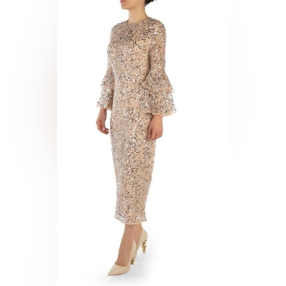 Nwt Mac Duggal Fully Sequined Ruffle Tiered 3/4 Sleeve Midi Dress - Nude - Picture 1 of 14